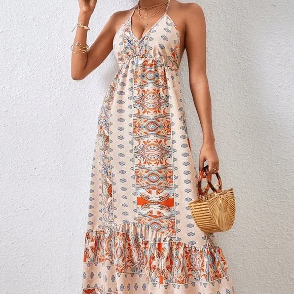 Tan Boho Womens Women's Printed Backless Vacation Dress - Picture 5 of 6